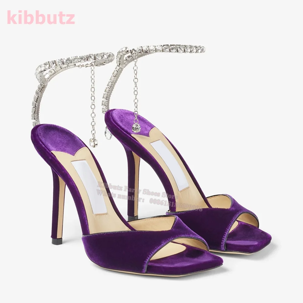 Crystal Solid Purple Sandal Square Toe Thin Heel Glossy Rhinestone Patent Leather Ankle Strap Sexy Fashion Luxury Shoes 2023 New