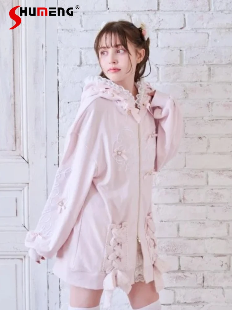 

Japanese Mines Style Mass-Produced Embroidered Lace Bow Long Sleeve Loose Casual Versatile Hooded Sweatshirt Jacket Women Autumn