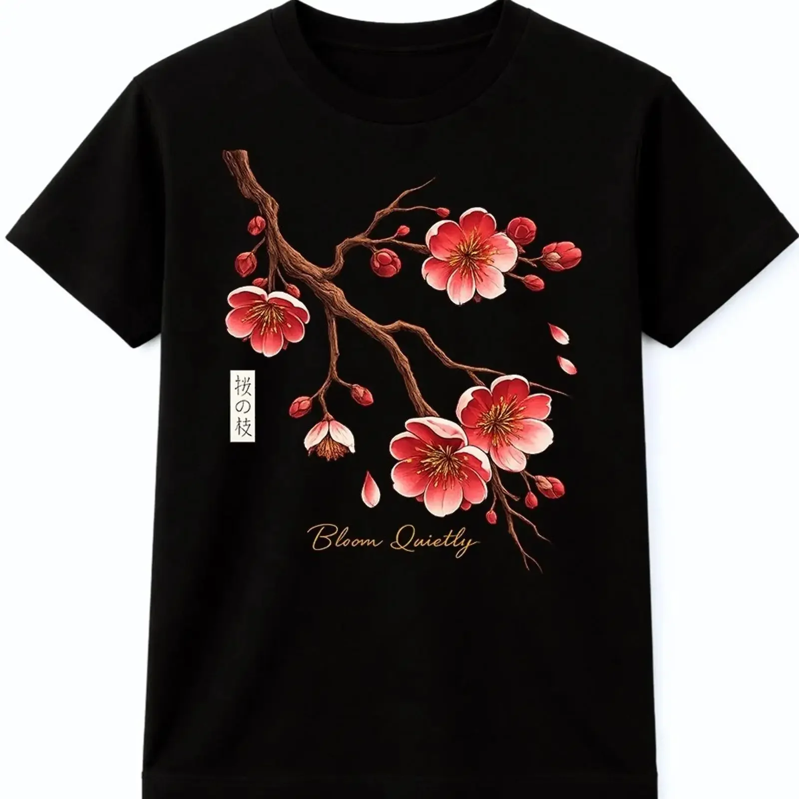 Kirschblüten T-Shirt Blüte leise Blumen Zweig Grafik Natur Top Vintage Washed Unisex Streetwear Atmungsaktiv Lässig Stilvoll Herren