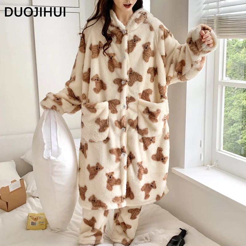 DUOJIHUI Casual Hooded Warm Flannel Women's Pajamas Set Fashion Cardigan Tops Loose Simple Pants Chicly Female Pajamas Set M-XXL