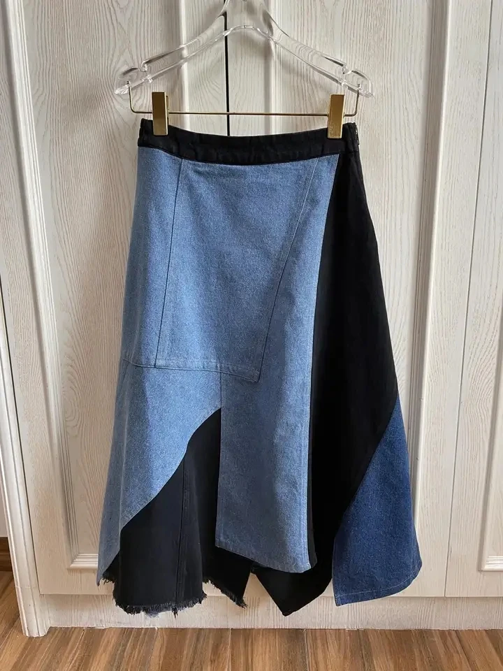 

2024SS Summer New Women Casual Patchwork Denim Midi Luxury Skirt for Ladies