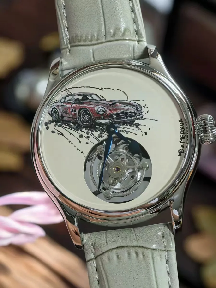 Merkur collaborates with a hand-painted artist to create a custom dial men's tourbillon mechanical watch in 42mm size