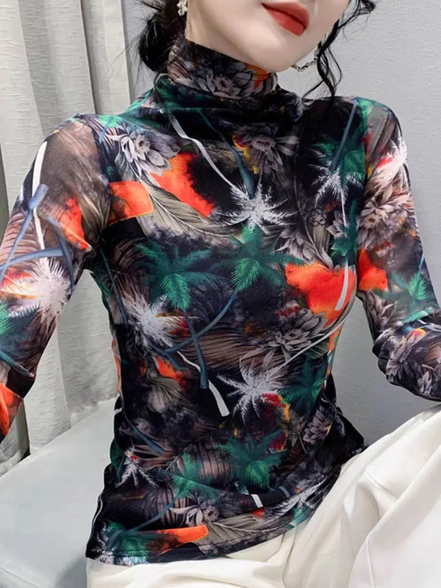 Print Mesh T Shirt Women Stand Neck Skinny Long Sleeve T Shirt Thin Elastic Women's Tee Shirt