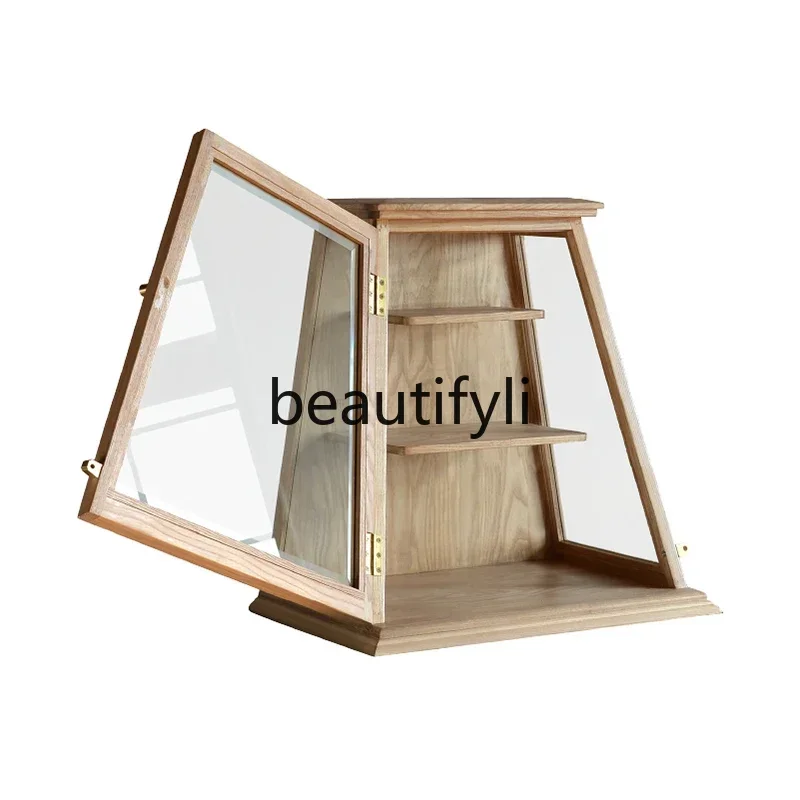 Solid wood tenon and mortise trapezoidal cabinet, retro glass cabinet, jewelry display cabinet