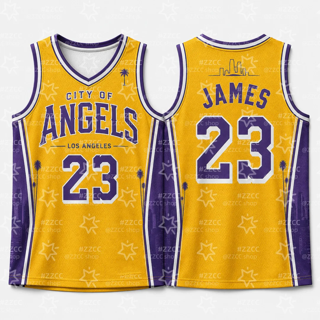 26-27 James No.23 Basketball Jersey Los Angeles City Skyline Palm Tree Print Sports Vest Top Summer Men's Shirt Kid's Tee ﻿