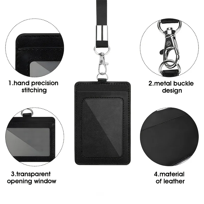 Classic black ID card holder with lanyard，BeltpuLeather ID card holder，Suitable for work ID cards/Exhibition badge/Student ID ca - view 4