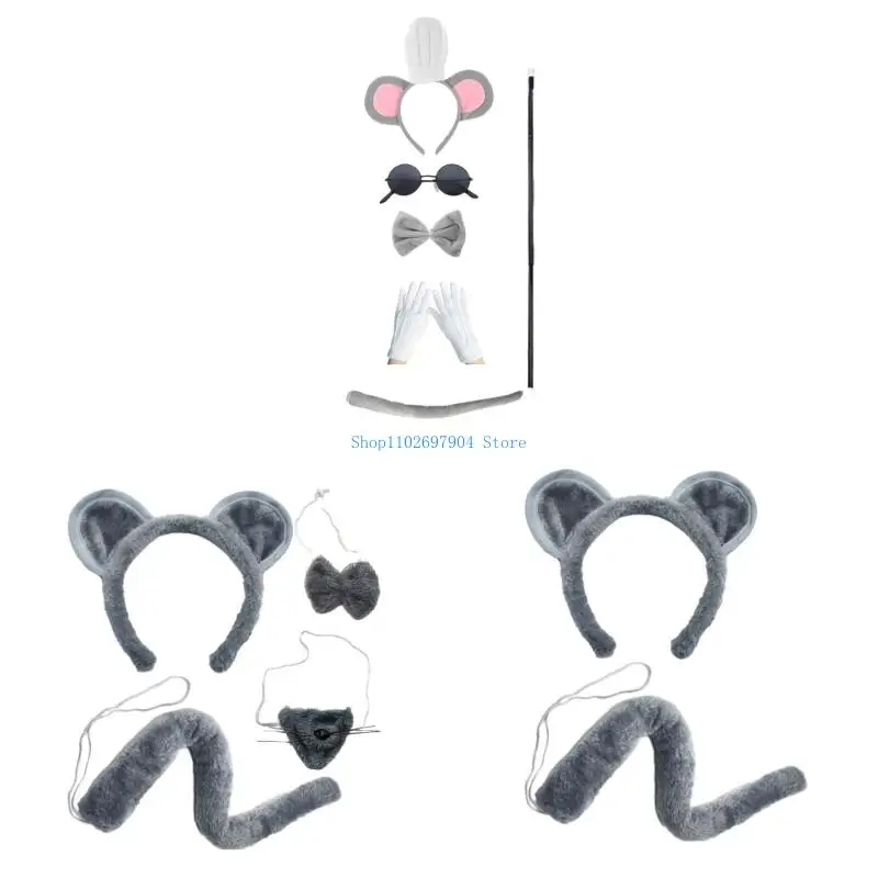 N7YF 2/4/6 マウスコスチュームアクセサリーセットマウス耳カチューシャテールメガネボウタイアクセサリーキット子供動物マウス衣装