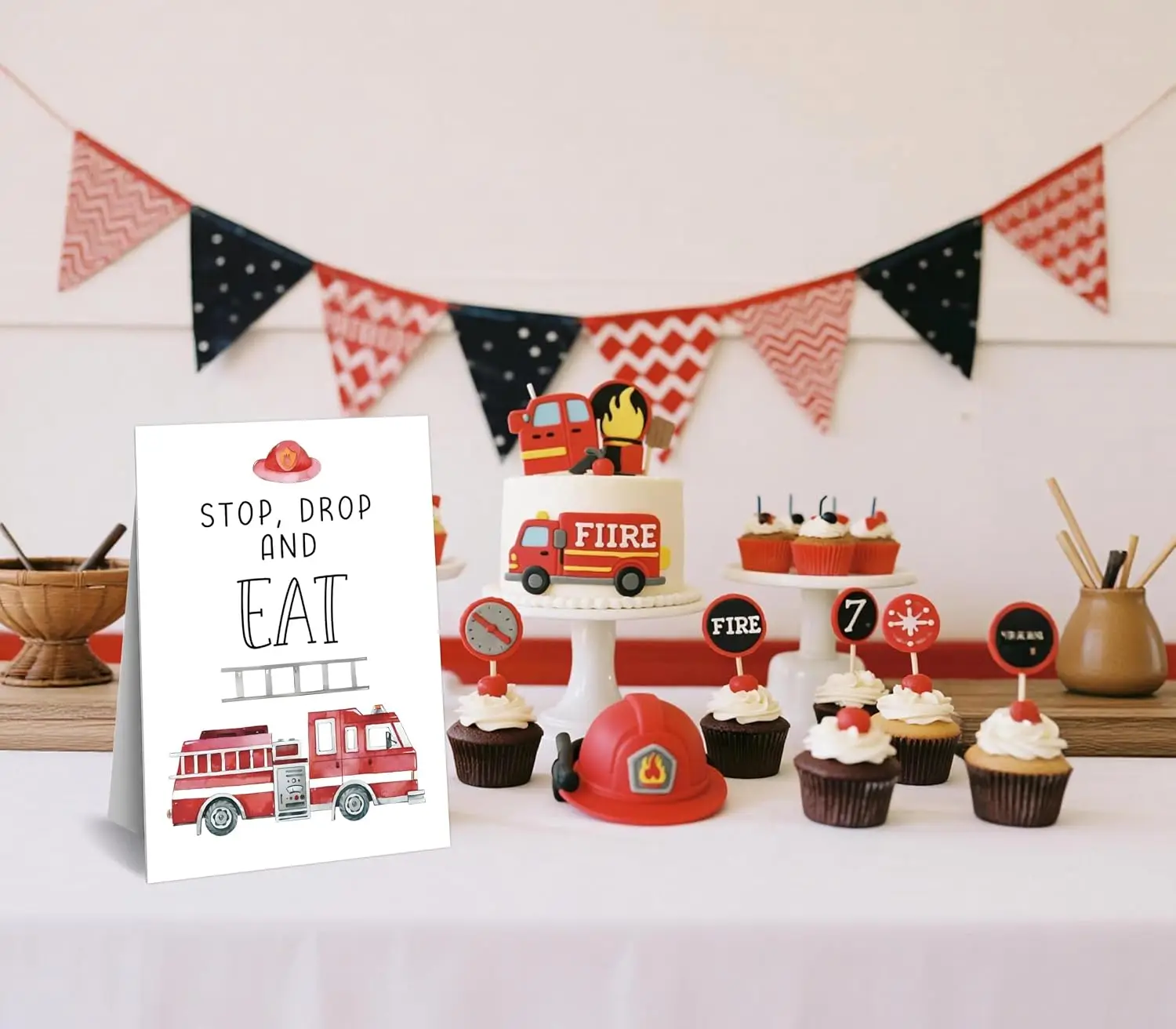 Stop Drop Eat Sign 8x11 Inch with Stand Firetruck Party Decoration Birthday Graduation Retirement Baby Shower Buffet Table