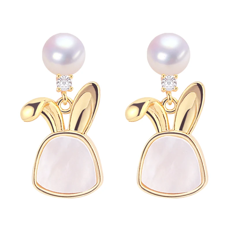 

ZHBORUINI 2024 Natural Freshwater Pearl Earrings14K Gold Plated Natural Mother Of Pearl Rabbit Earrings S925 Pure Silver Needle