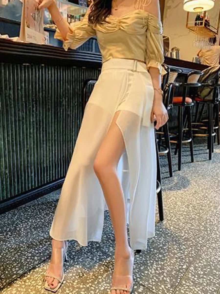 Saia Midi de Chiffon Branca Fena, Novo Estilo de Outono, Efeito Emaecedor, Estilo Coreano, Crimento Médio, Estilo Co...