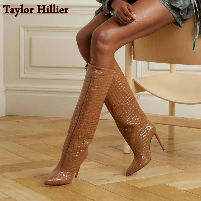 Imitation Crocodile Leather Knee-High Boots Pointed Toe Stiletto High-Top Long Boots Fashionable Party Banquet Women\'S Boots 43