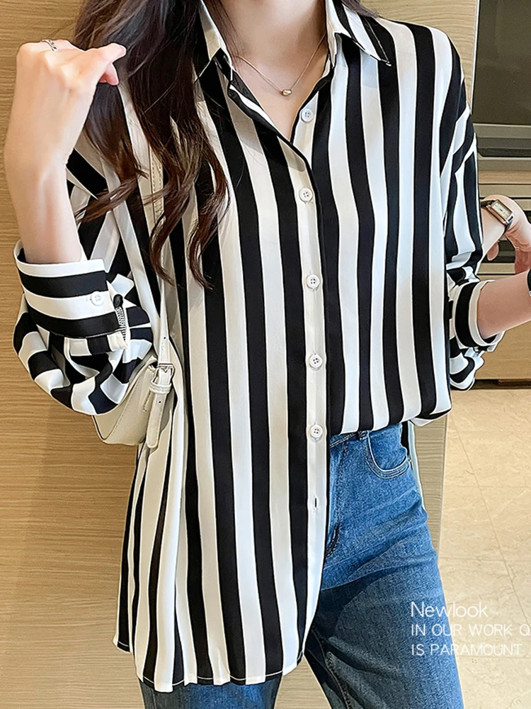 Fashion Black White Striped Print Women\'s Blouses Casual Long Sleeve Office Lady Blouse Shirts Female Loose Blusas Tops 2024