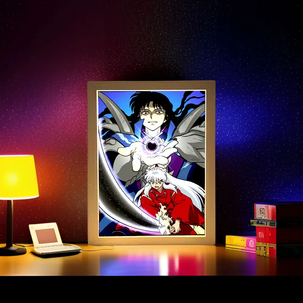 Anime Figure Inuyasha Light Painting Photo Frame Led Night Light Home Bedroom Bedside Table Decoration Christmas Gifts Moon Lamp