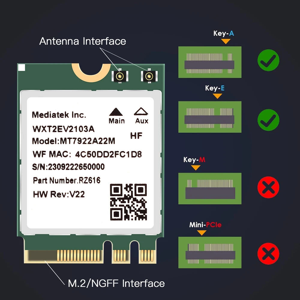 MT7922-Carte réseau WiFi 6E 5400Mbps, adaptateur sans fil M.2 NGFF, Bluetooth 5.2 Leicrer and 1/802, pour Windows 10 11