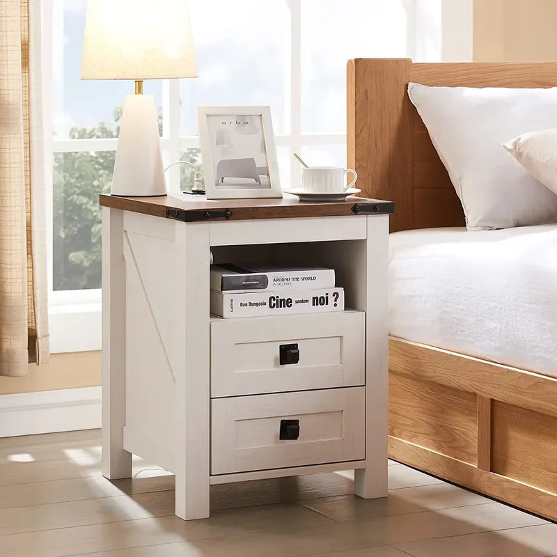 for 18 Inch Pastoral Wooden Bedside Table with USB Socket and 2 Drawers Open Storage Factory Custom