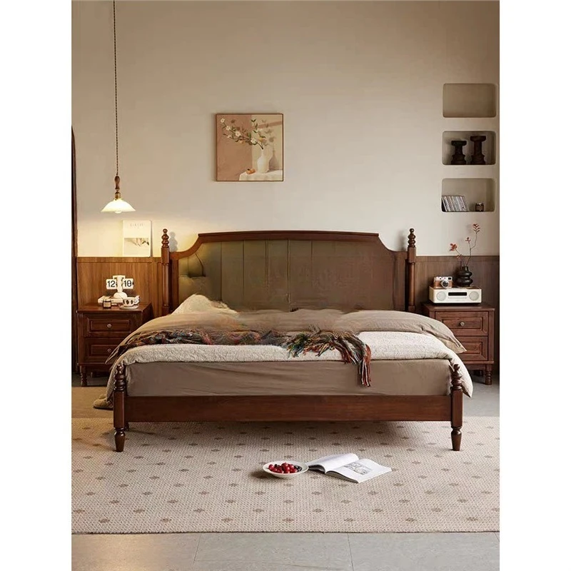 Black walnut solid wood bed real cowhide soft bag backrest modern cherry wood