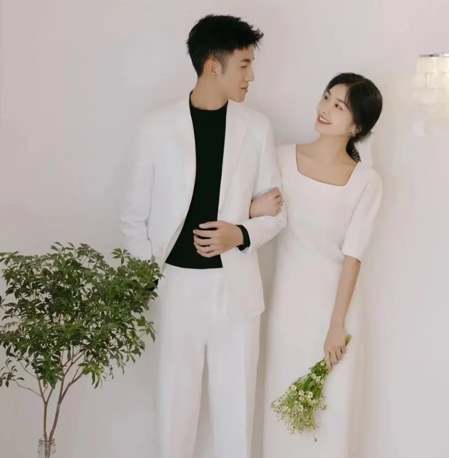 Gaun Pengantin Punggung Terbuka Satin Lembut Elegan Leher Persegi Korea Gaun Pengantin Panjang Setengah Pergelangan Kaki Perjalanan Sederhana A-Line Satin Lembut Elegan Gaun Pengantin