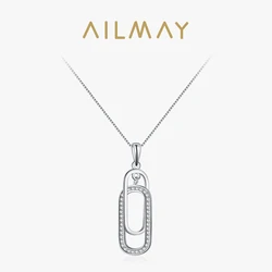 Ailmay 100% 925 Sterling Silver Fashion Rectangle Sparkling CZ Pendant Necklace For Women Statement Jewelry Gift