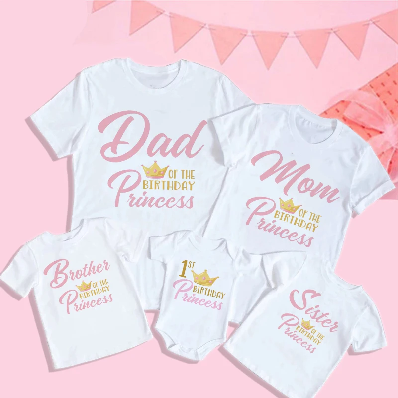 1st Birthday Princess Family Matching Clothes Birthday Girls Party Father Son Mother and Daughter Shirts Crown Print Tops Gifts