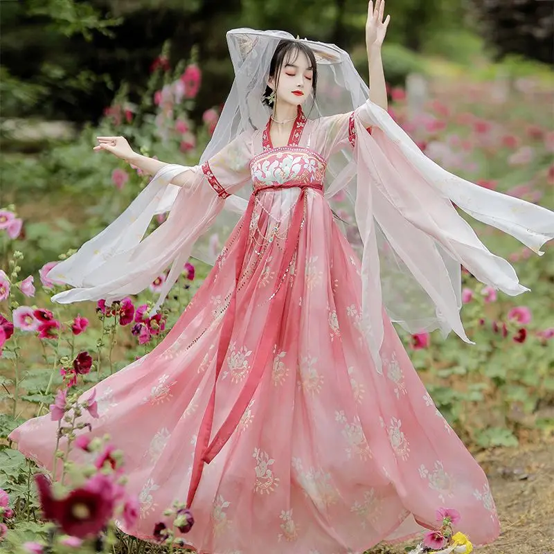 

Платье ханьфу, женское китайское винтажное градиентное розовое платье ханьфу с вышивкой, женский карнавальный костюм на Хэллоуин, наряд для дня рождения