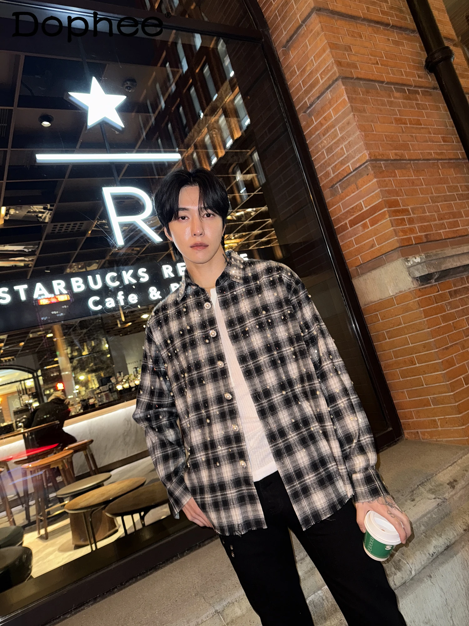 

2025 New Heavy-duty Rhinestone Beaded Plaid Shirt Spring Autumn High-end Loose Casual Trendy Long-sleeve Shirt for Men