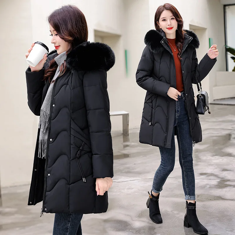 Thickened Winter Fashion Women Hooded Outwear Warm Coat Furry Collar Cotton Slim Jacket