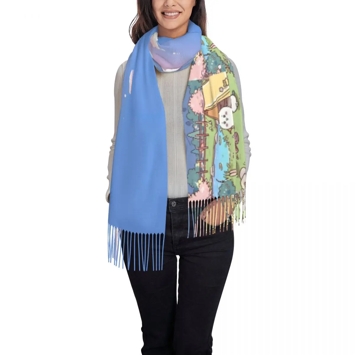 Chiikawa Scarf Warm Soft Shawls and Wrap with Long Tassel Lady Vintage Scarves Wraps Autumn Designer Foulard