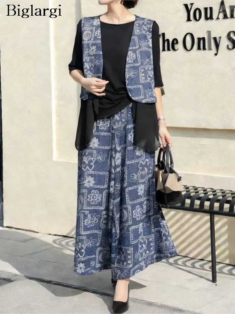 

Summer Spring Wide Leg Pants 3 Three Piece Sets Women Fashion T-shirt Vest Ladies Set Casual Loose Woman Flower Print Pants Suit