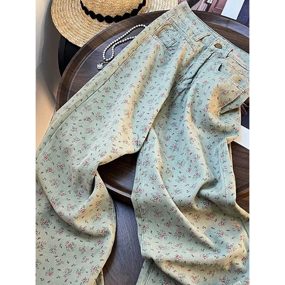 

Винтажные джинсовые брюки с цветочным принтом для женщин, весенне-осенние модные прямые свободные брюки с высокой талией, женские широкие джинсы