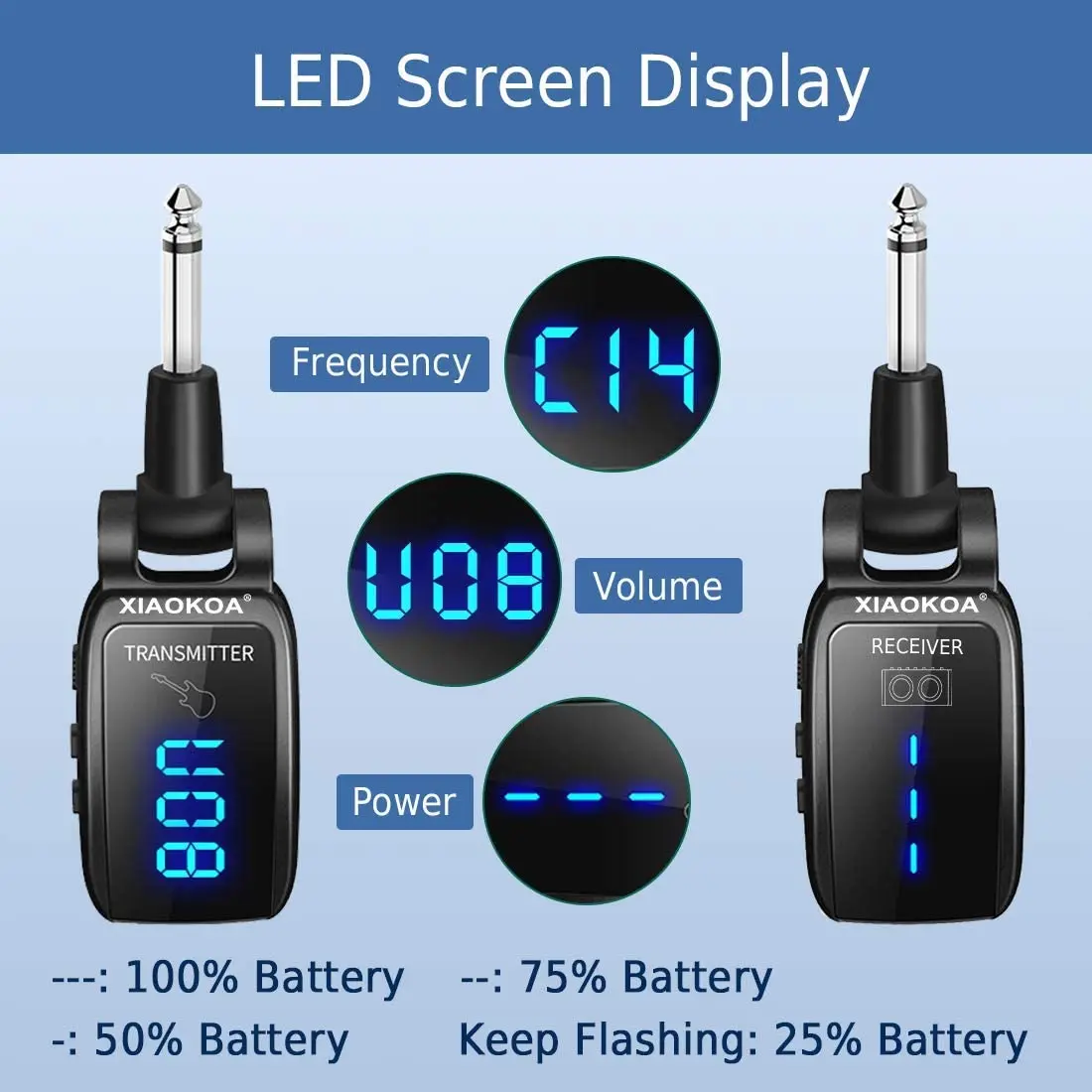 충전식 업그레이드 무선 기타 시스템, LED 스크린, 15 채널 UHF 무선 기타 송신기 수신기, 전기용