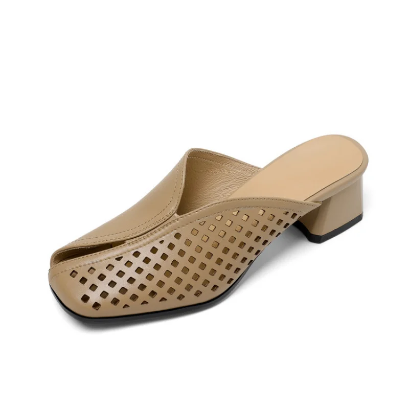 

Heels Slippers Thick Heel Slip-On Big size Women's wide width shoes Open Toe Breathable Light Weight hollow out