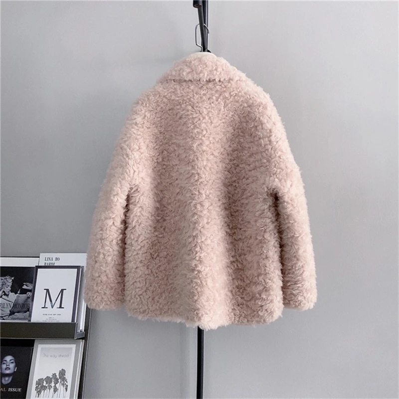 2023 Winter New Real Wool Fur Suit Collar Jacket  Lady Sheep Shearling Warm Short  Casual Coat PT487