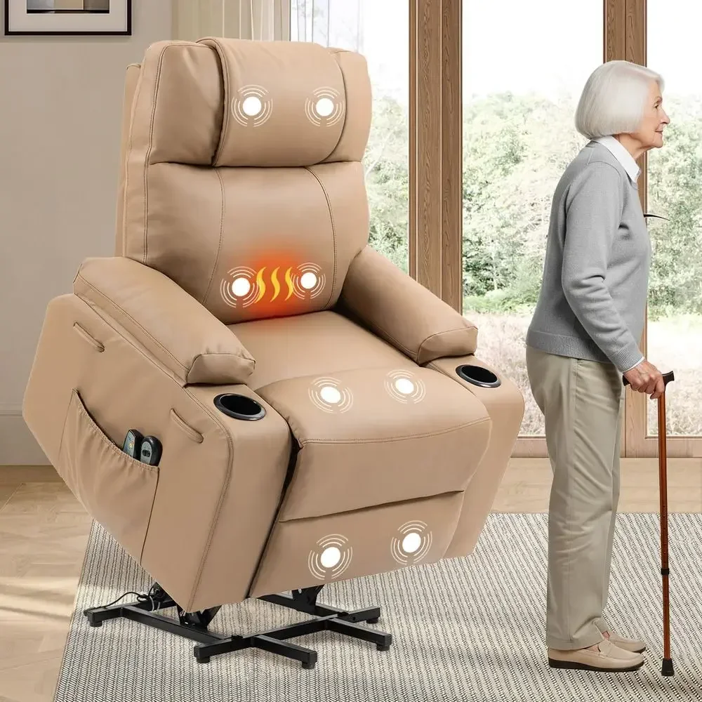 

Leather Power Recliner Chair with Massage, Heat, and Cup Holders for Elderly Assistance, Brown