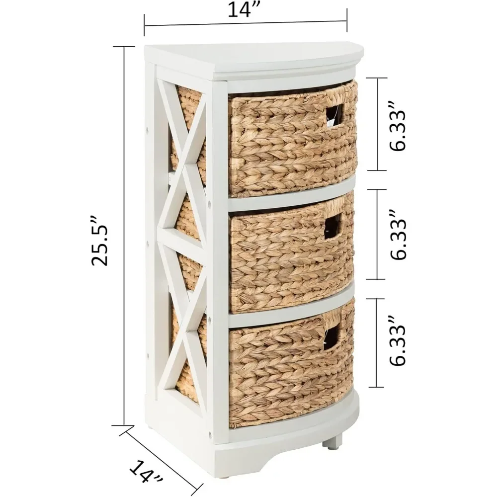 Hampton Meadows 3 Tier X-Side Corner Table Storage Cabinet with 3 Wicker Baskets, White