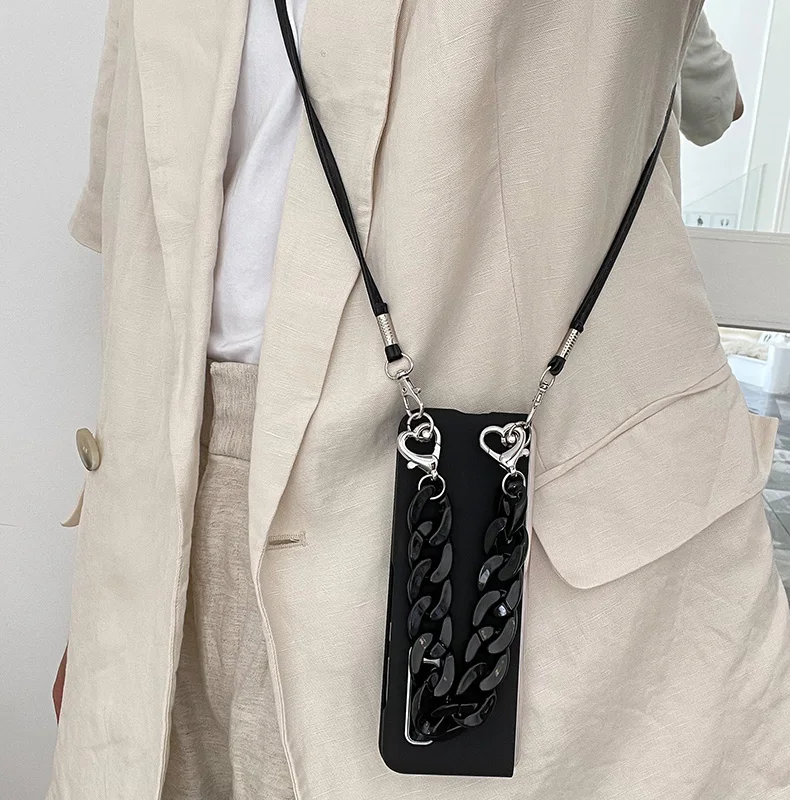 Fashion Black Bracelet Hand Chain Long Strap Crossbody Skin Back Portable Case For Samsung Galaxy Z Fold 3 2 ZFold 6 7 ZFold 5 4