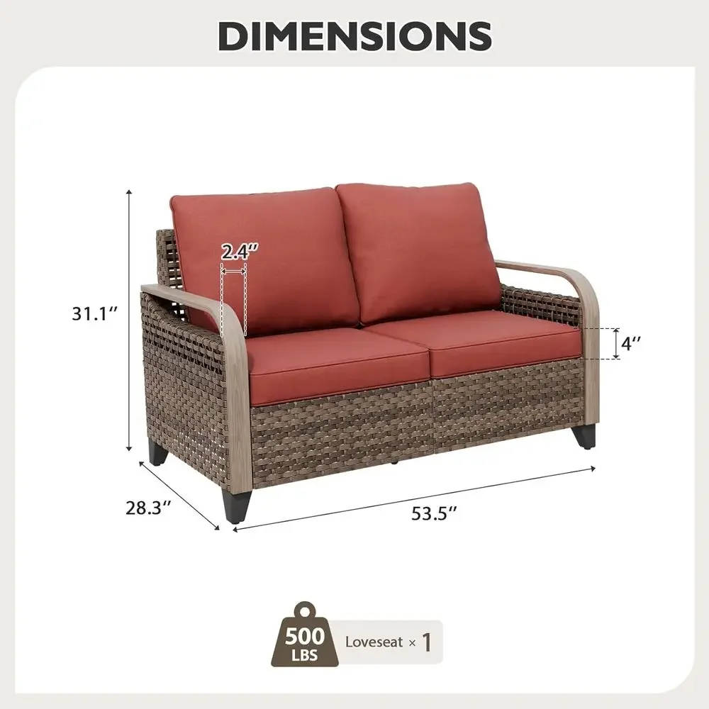 2-Seat Outdoor Rattan Loveseat for Patio, Deck, Porch or Balcony, Brown/Red
