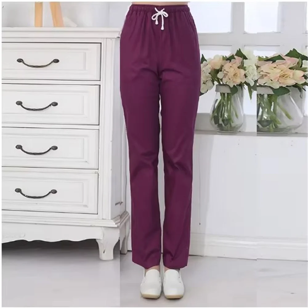 ソリッドカラープリント通気性ナースユニフォーム女性の特別なパンツ弾性ウエストワークパンツ歯科ヘルスケア作業服新