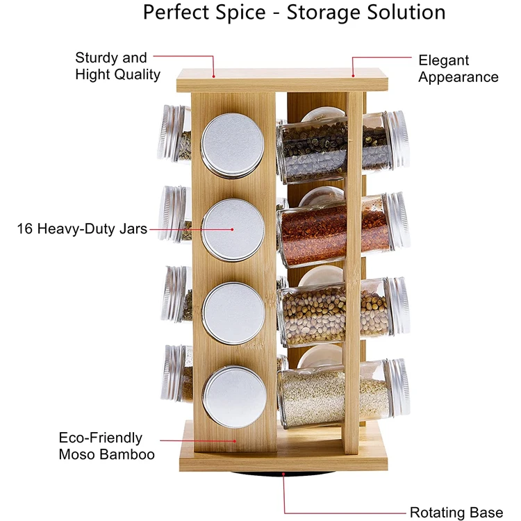 Kitchen CountertopBamboo Rotating Spice Organizer Turntable Seasoning Storage Rack Wooden Rotating Spice Rack with Jars