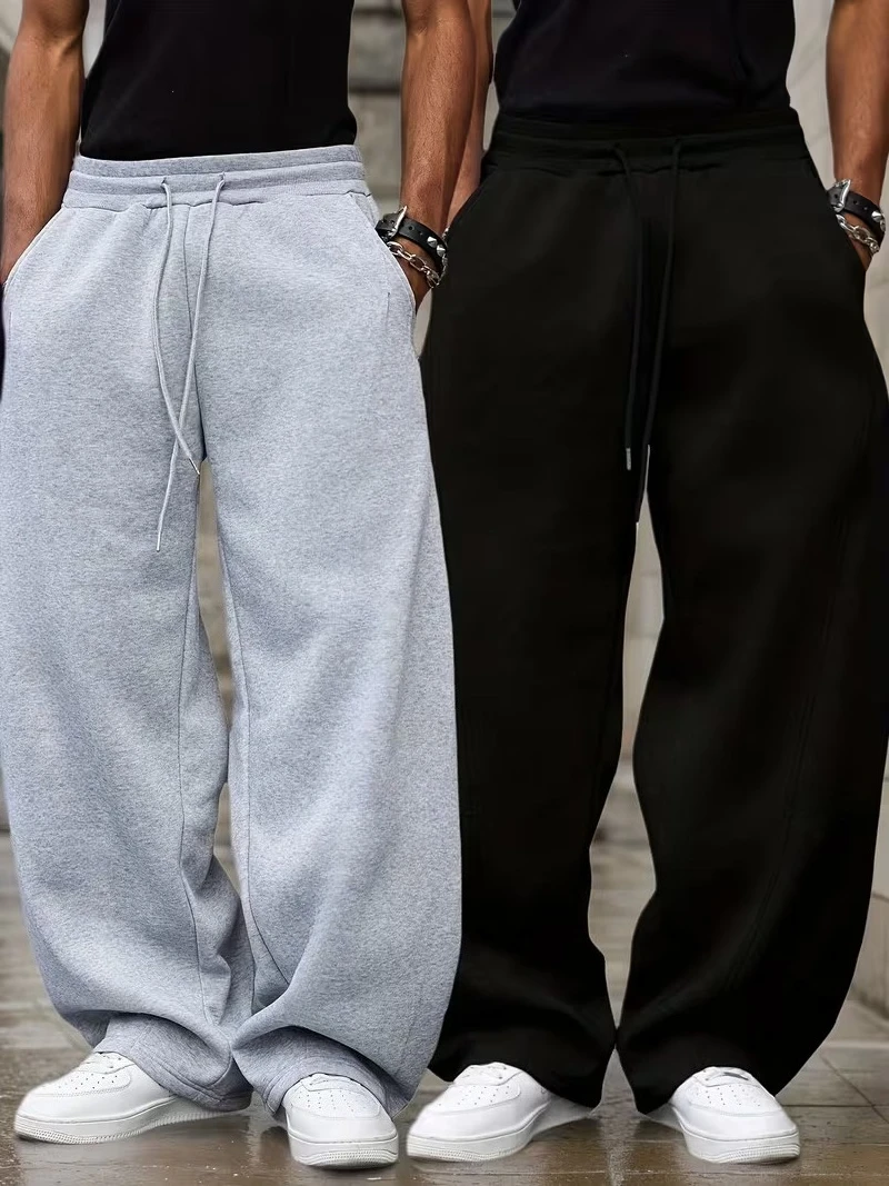 

Unisex Men's Casual Athletic Wide-Leg Pants Cotton Loose Fit with Drawstring Waist Autumn Winter Sports Straight Pants Trousers