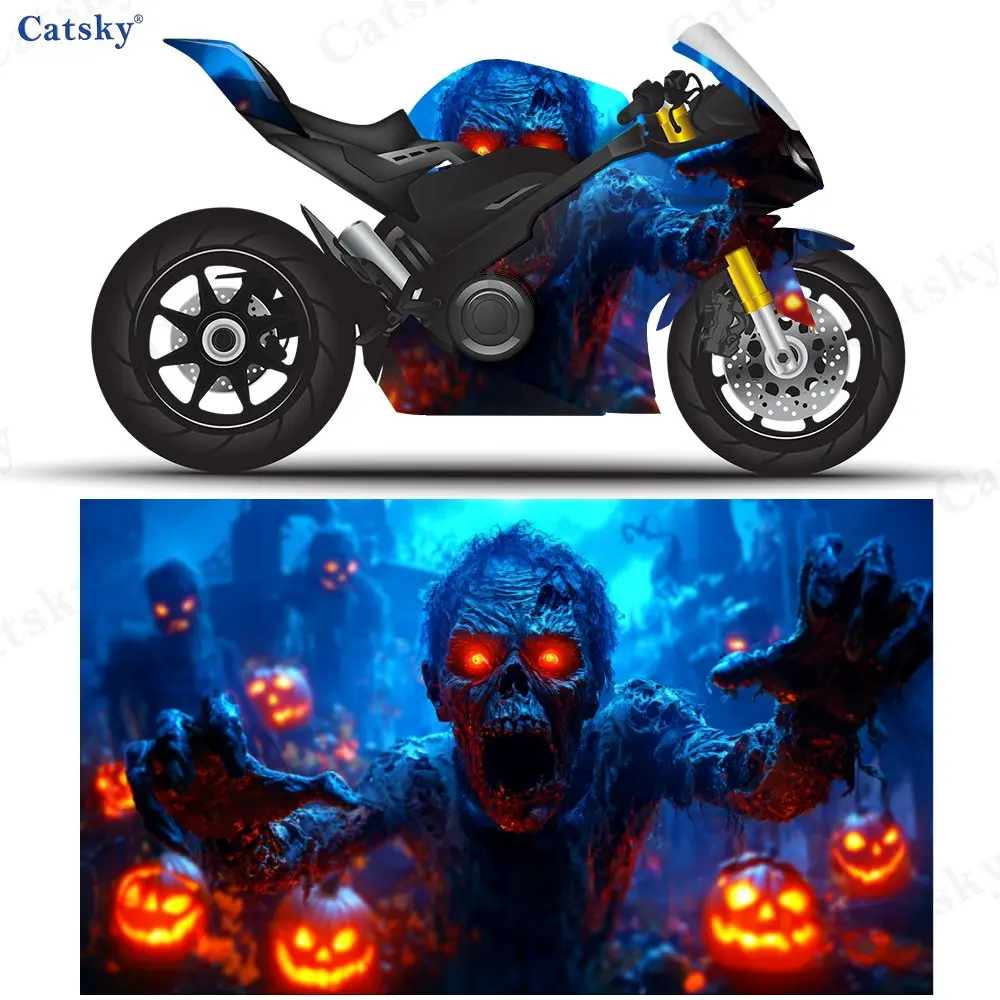Pumpkin Lanterns And Terrifying Skeletons Motorcycle Vinyl Wrap - Waterproof, Removable Decal Sticker, Universal Fit For Motorbi