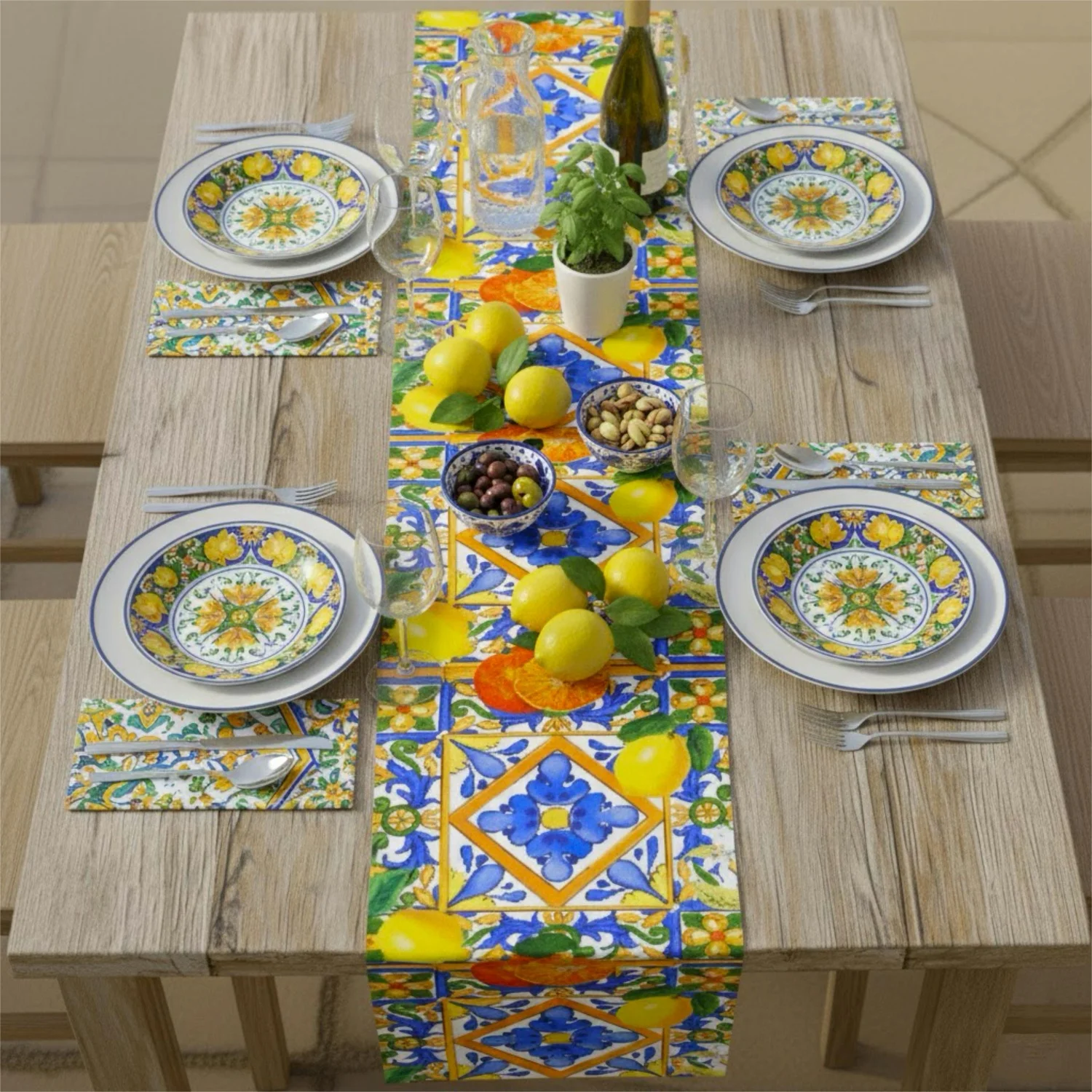 1 Stück Sizilien inspirierter Maiolica-Zitronen-Tischläufer, Winterurlaubsdekoration, zeitgenössische Tischdecke