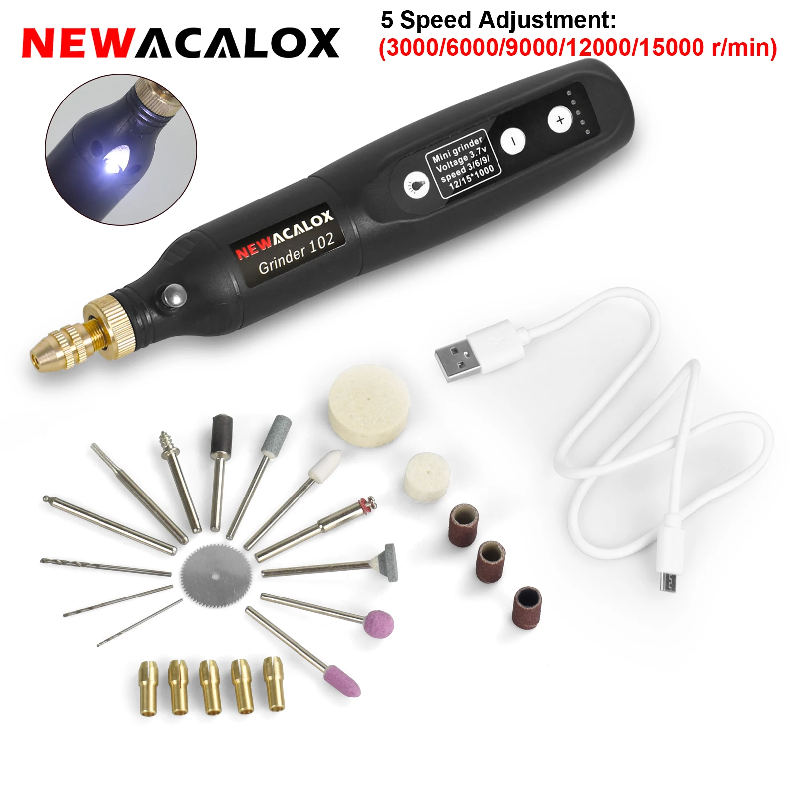 NEWACALOX draadloos roterend gereedschap met 5 variabele snelheden en 3,7 V USB-opladen Graveren roterend gereedschap voor graveren, schuren, polijsten