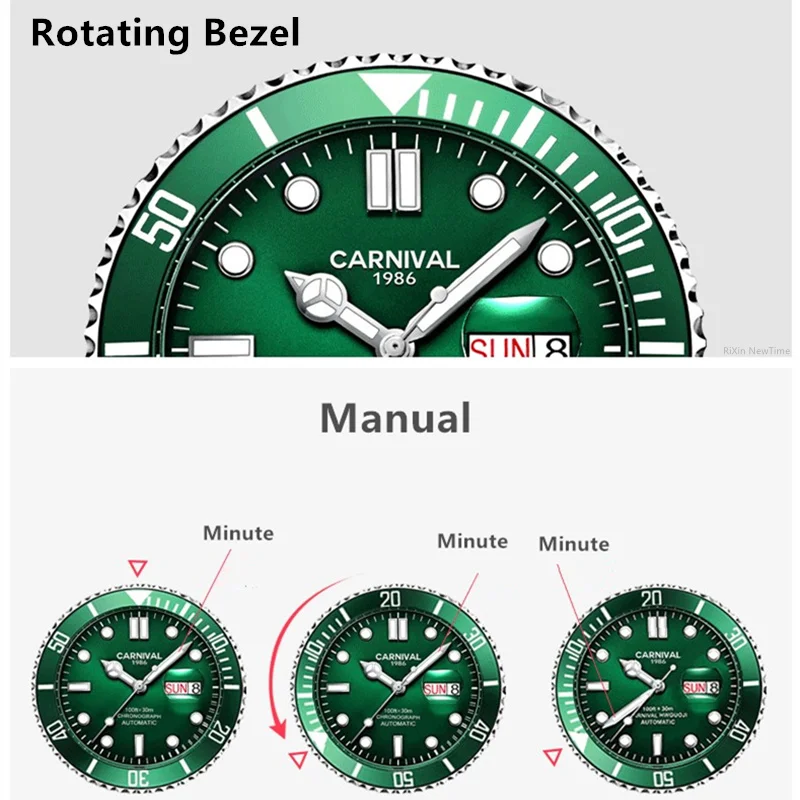 Switzerland Carnival Mens Watches Top Brand Luxury Automatic Mechanical Wristwatch Full Steel Military diving sport Clocks Reloj
