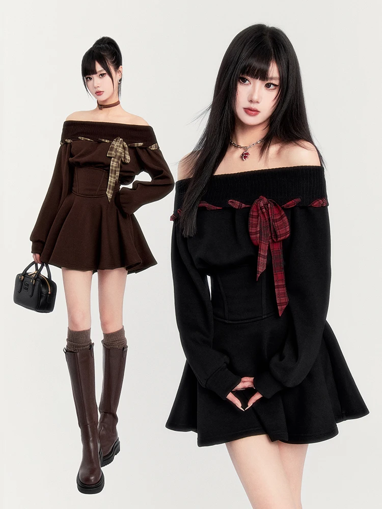 

High Quality Hot Selling Luxury Dark Girl One Shoulder Cinched Waist Drawstring Hoodie Dress Vestidos Vintage Dress Elegantes