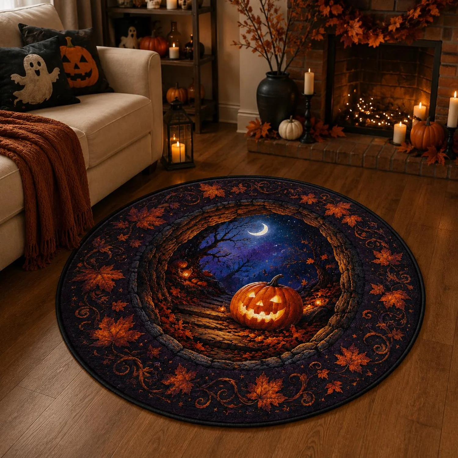 3D Pumpkin Scarecrow Halloween Carpet, Circular Optical Illusion Carpet, Horror Haunted House Decoration, Purple Black Floor Mat