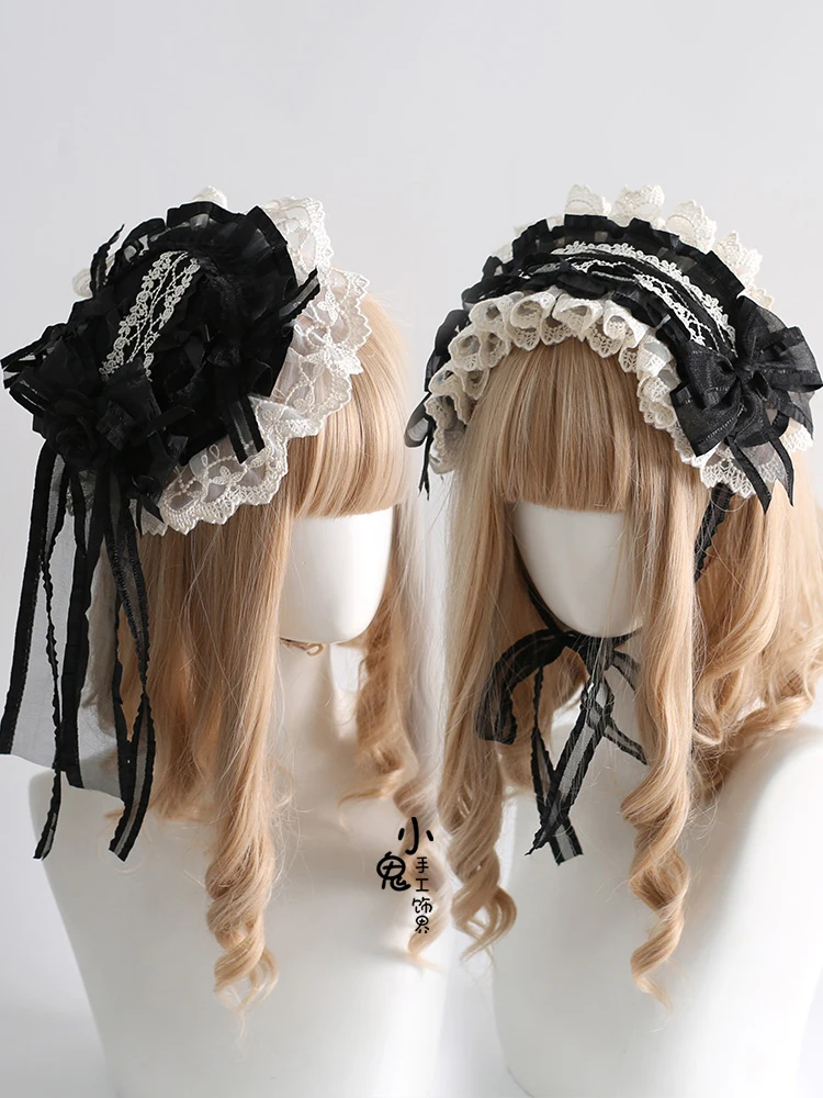 Accesorios para el cabello de Lolita, diadema de sirvienta Y2K con lazo dulce y volantes, tocado de disfraz de Cosplay de Anime