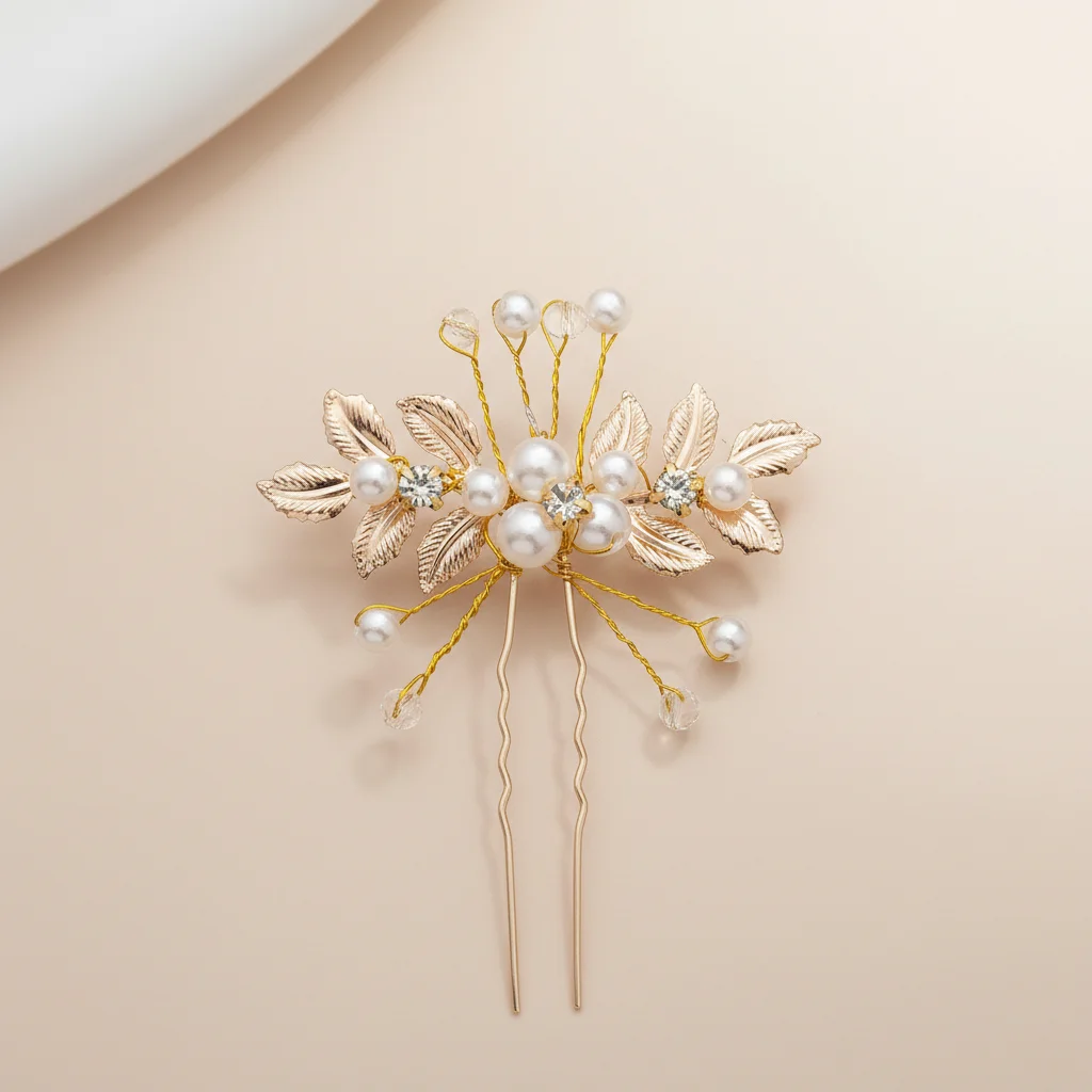 

Bridal Hairpin With Golden Pearls And Olive Leaf Design For Wedding Ceremony