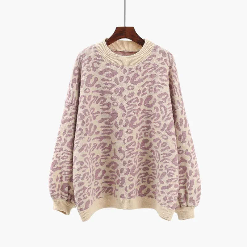 Warm Leopard Knitted Sweater Women Casual Autumn Winter Pullover Long Sleeve Loose Ladies Tops