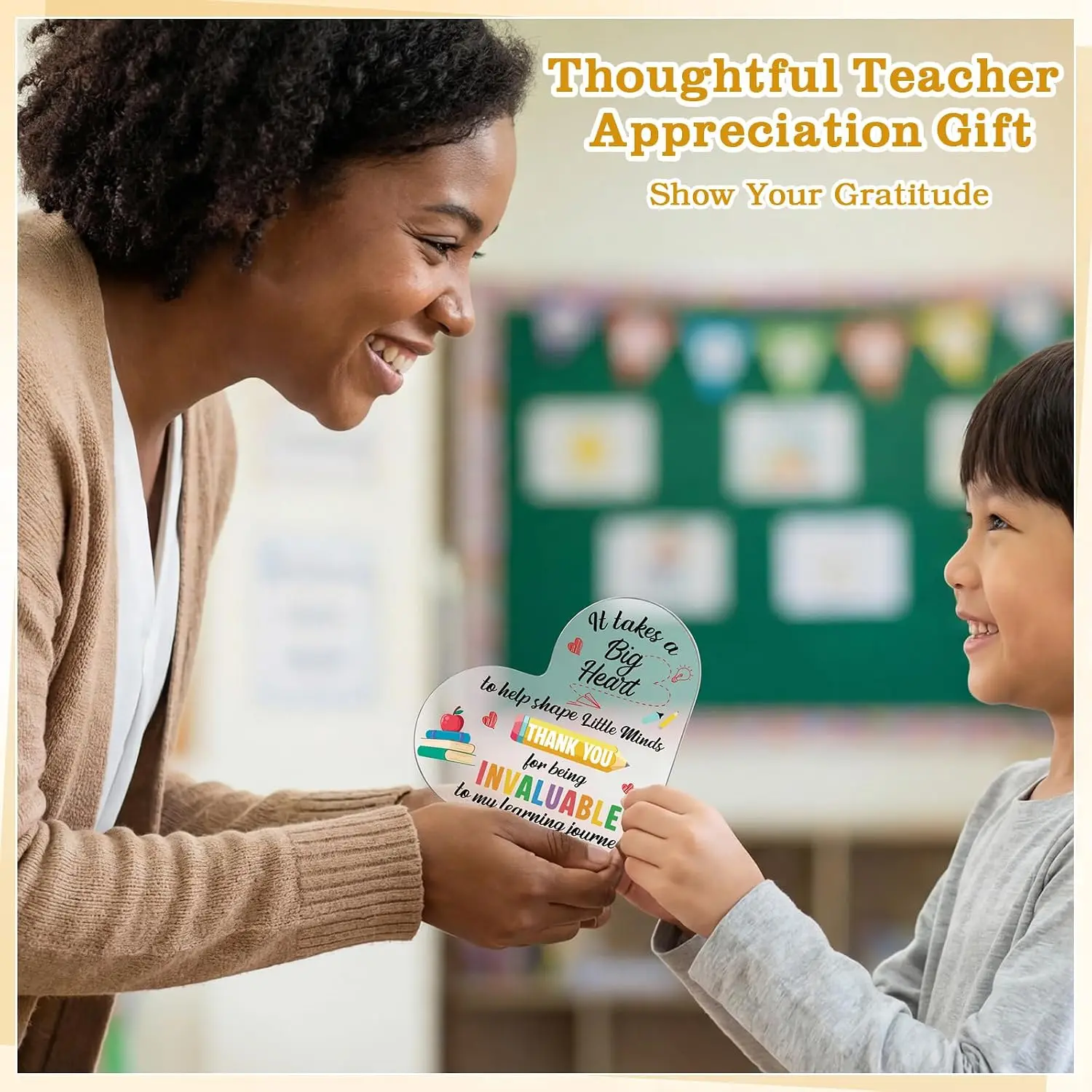 Teacher Appreciation Quote Clear Acrylic Heart Plaque, Stacked Books Apple Pencil Graphic Educator Thank‑You Table Present