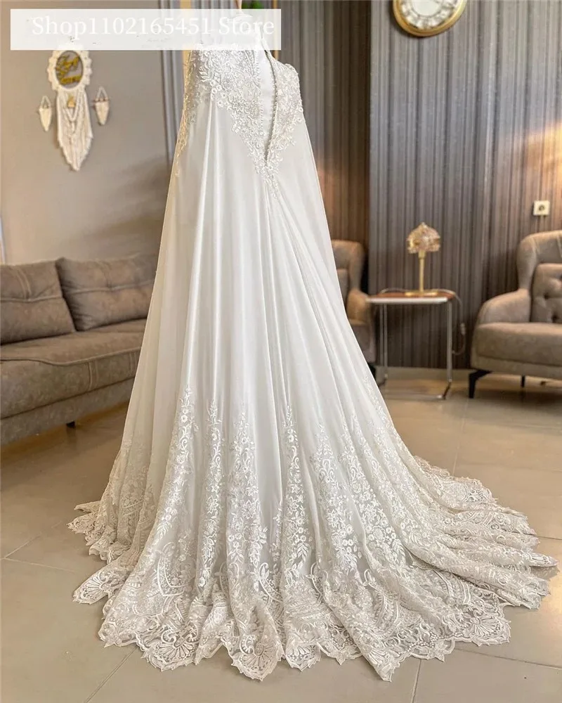 Princess Muslim Wedding Dresses with Cape Chiffon Lace Bride Dress Sequins Appliques Country Bridal Gowns Robe De Mariage